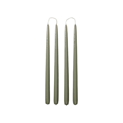 Four Broste Copenhagen Smooth Glossy Taper Candles in Sage Green on a white background