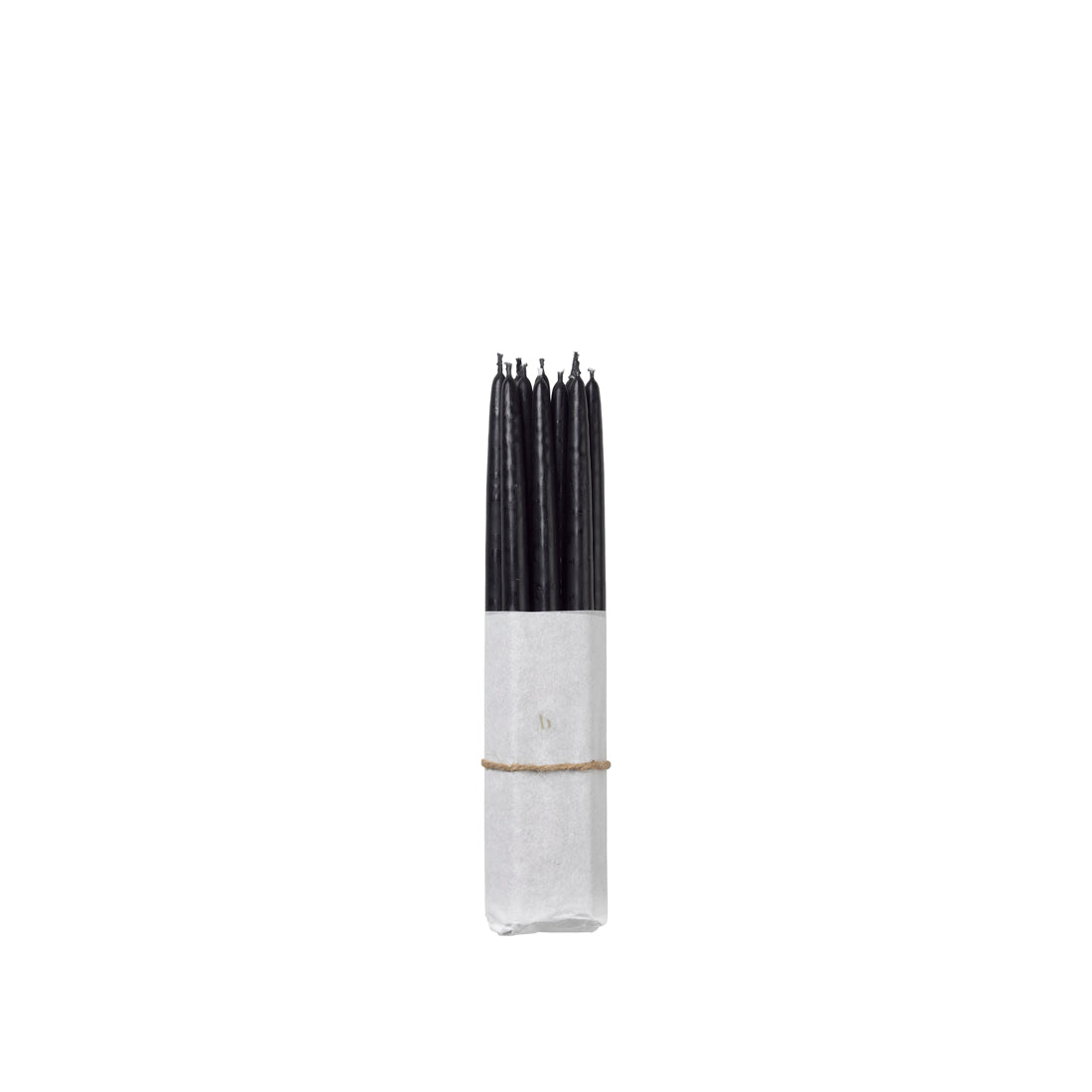 Bundle of ten Broste Copenhagen thin black taper candles tied with jute string
