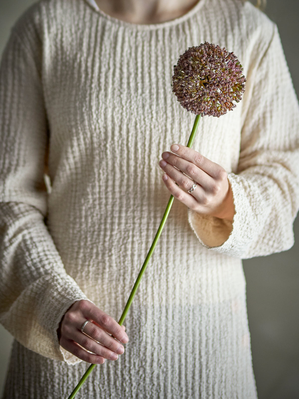 Faux brown allium stem held in hand for scale