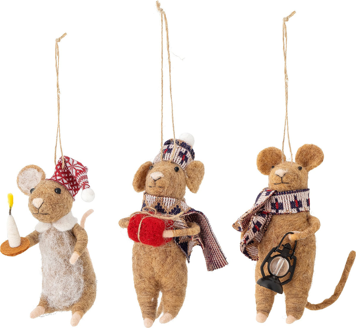 Trio of brown wool mice Christmas decorations wearing scarves and hats