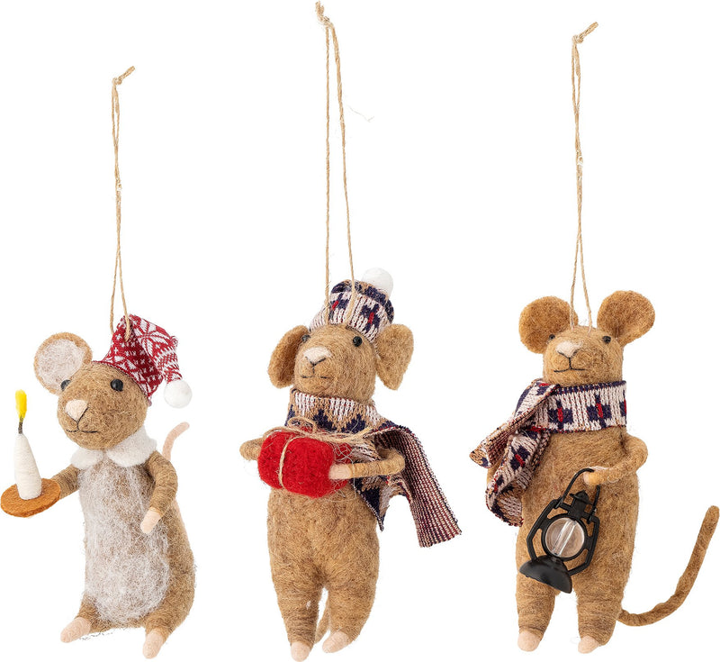 Trio of brown wool mice Christmas decorations wearing scarves and hats