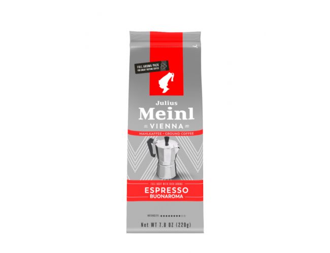 Julius Meinl Buonaroma 220g ground espresso coffee pack with red and silver design
