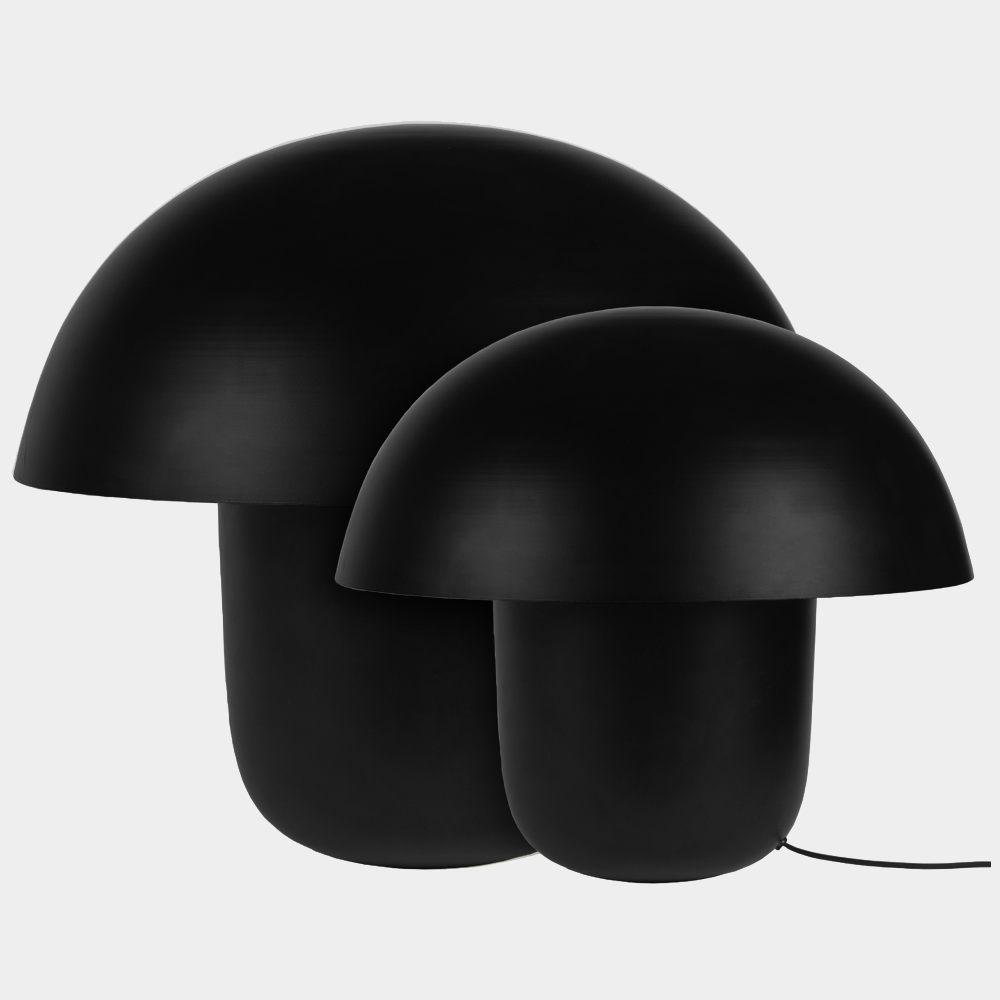 Small and large black Carl-Johan mushroom table lamps by Olsson & Jensen side by side