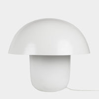 Carl-Johan small white mushroom table lamp by Olsson & Jensen with a rounded dome shade and pill-shaped base, on a white background