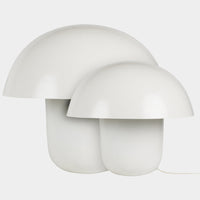 Small and large white Carl-Johan mushroom table lamps by Olsson & Jensen shown side by side