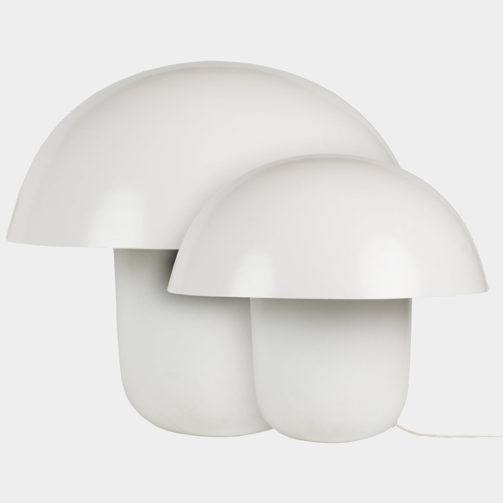 Small and large white Carl-Johan mushroom table lamps by Olsson & Jensen shown side by side