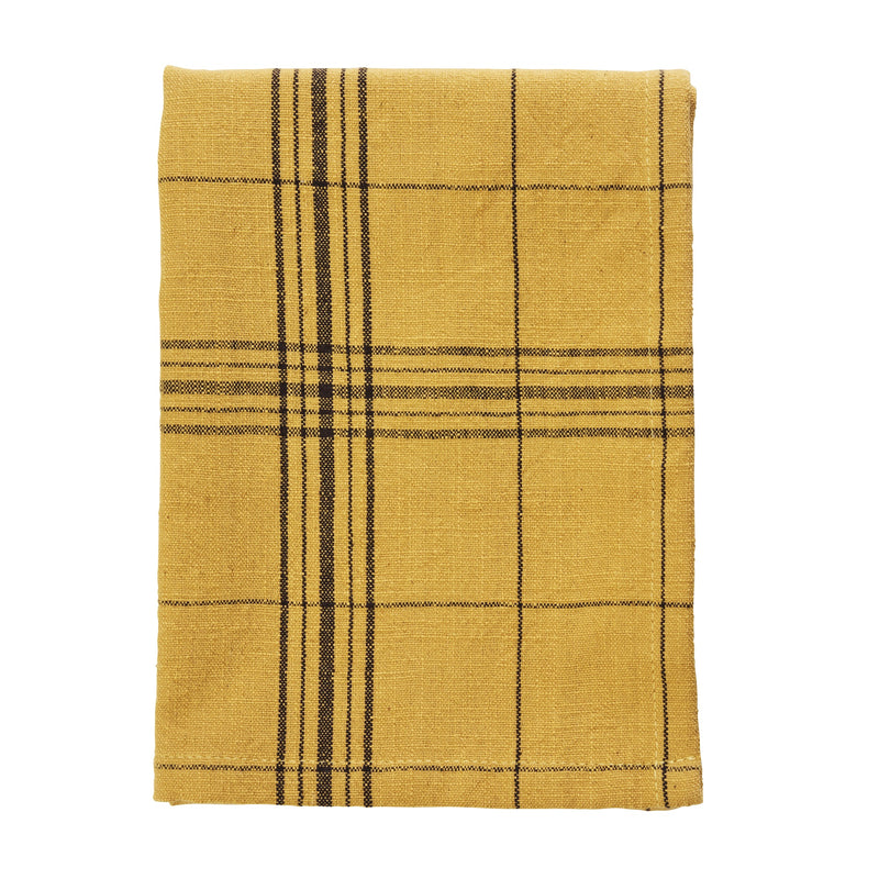 curry and black checked cotton kitchen towel folded

