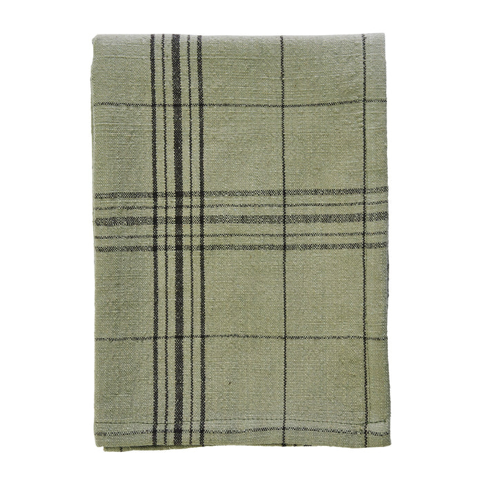 olive green and black checked cotton kitchen towel folded

