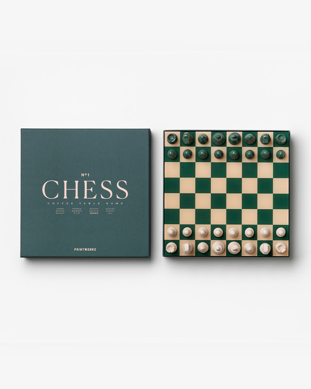 Green and cream chess set with book-style box design