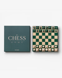 Green and cream chess set with book-style box design