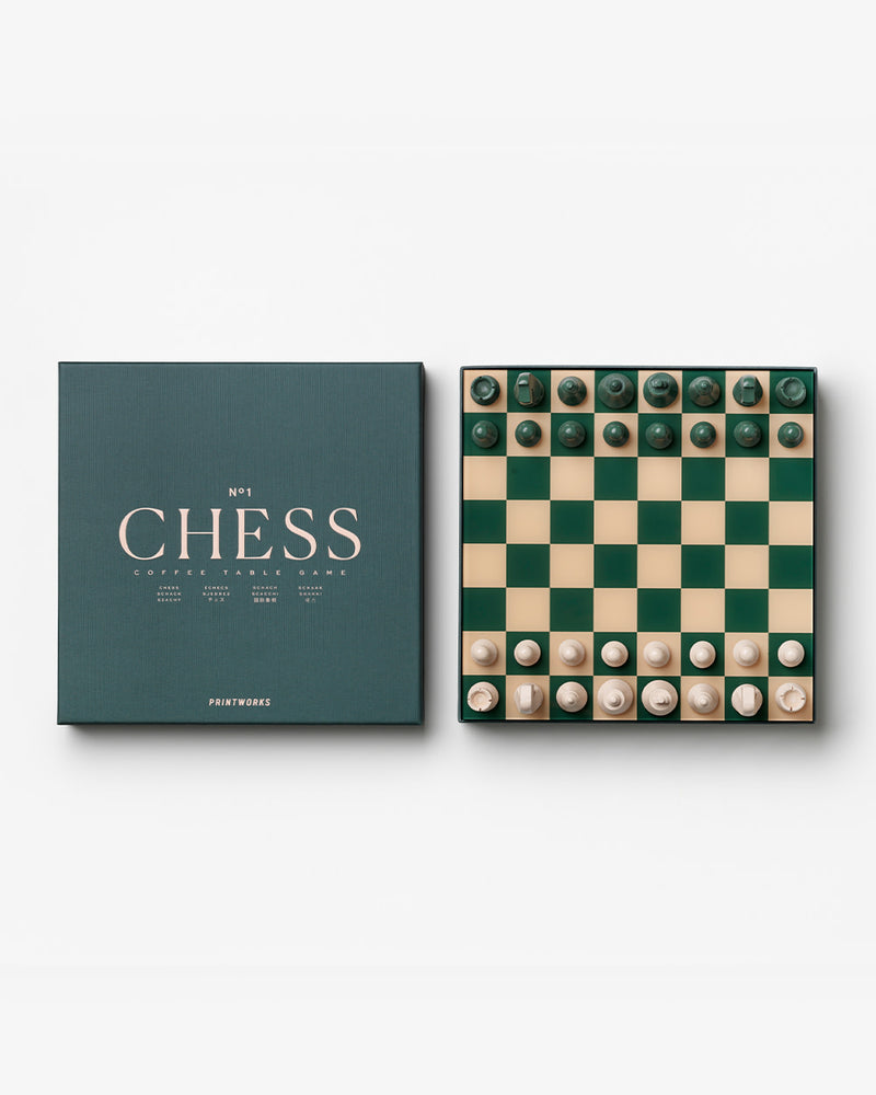 Green and cream chess set with book-style box design