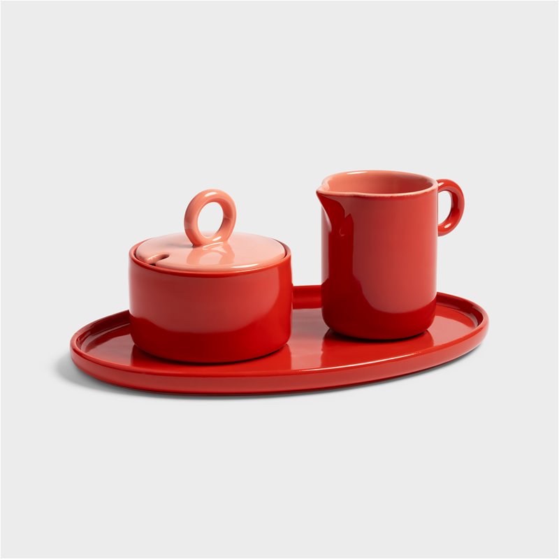 Red Chiquito sugar pot and milk jug on the matching oval Chiquito tray by &Klevering