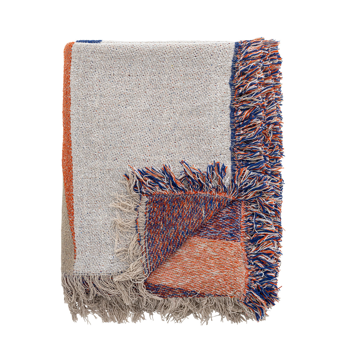 Recycled cotton throw by Bloomingville folded showing coral and blue fringes