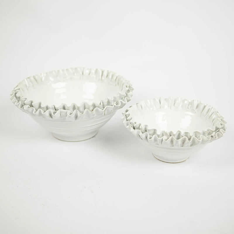 Two Claudine white ruffled edge ceramic bowls by Olsson & Jensen