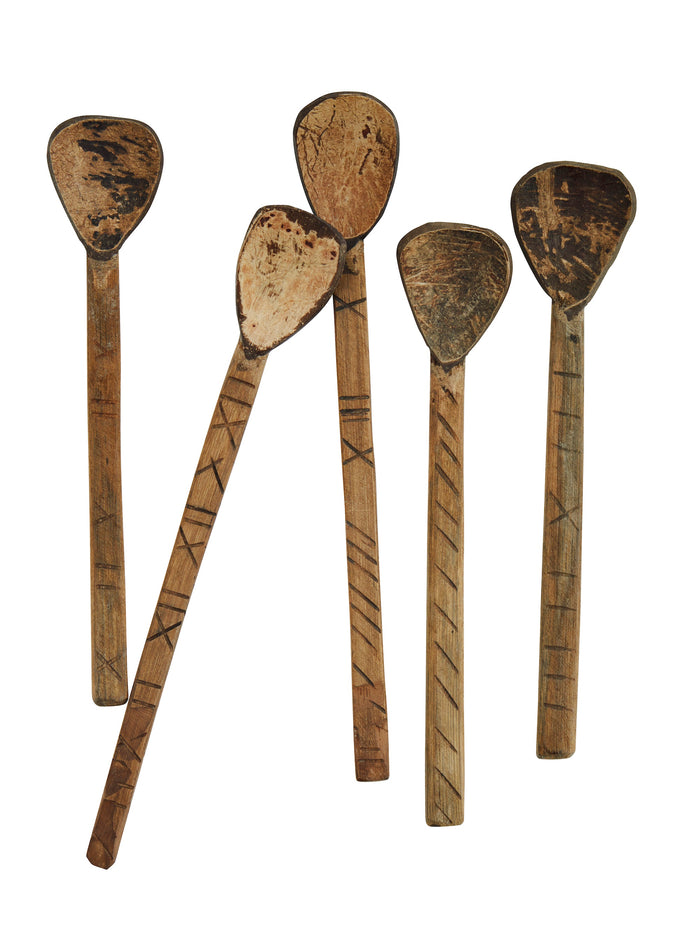 assorted handcrafted coconut shell spoons with natural markings