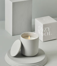 Cozy Wool scented candle in matte grey ceramic vessel with lid and gift box
