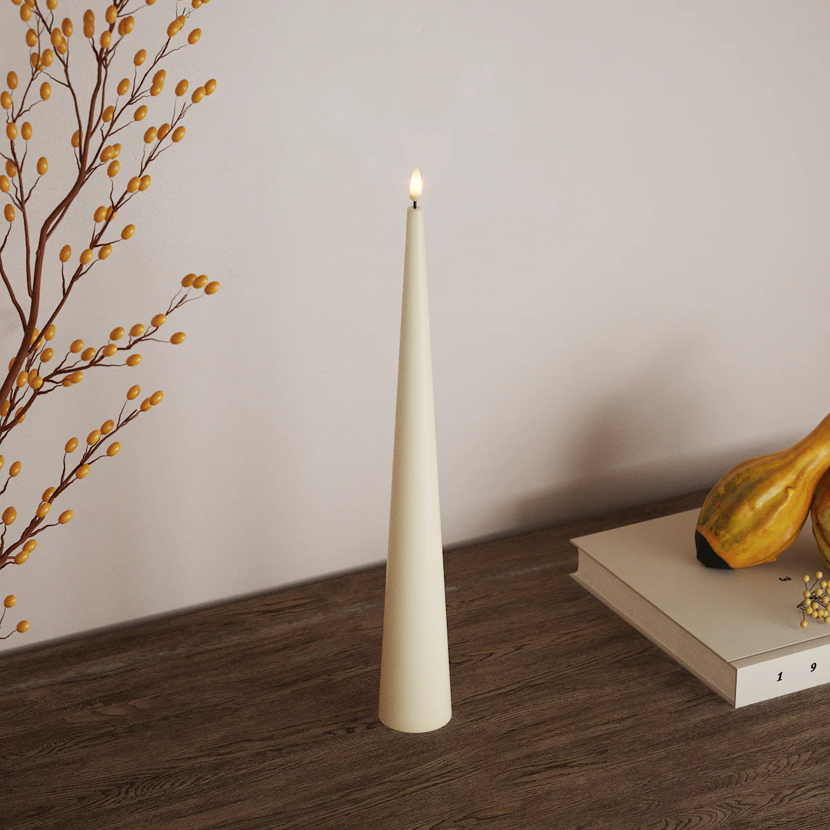 Cream 20cm LED cone candle on a wooden tabletop
