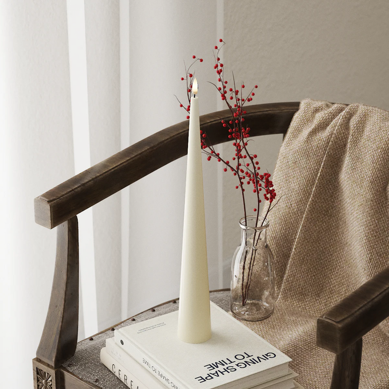 38cm cream LED cone candle in warm winter styling