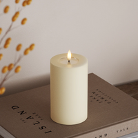 tall cream LED pillar candle with lifelike flame styled beside golden autumn branches

