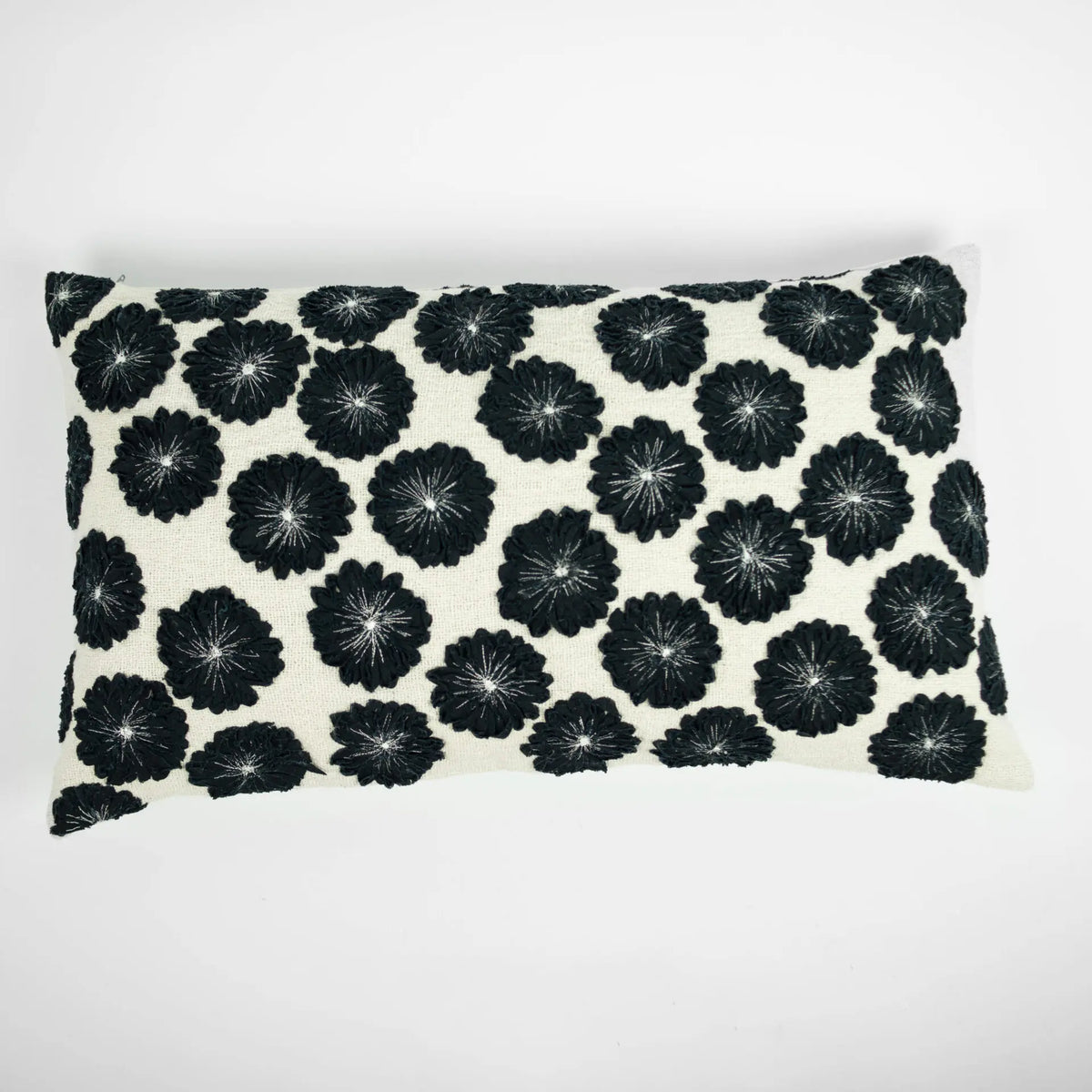 Dahlia cream cushion with black embroidered flowers by Olsson & Jensen, front view