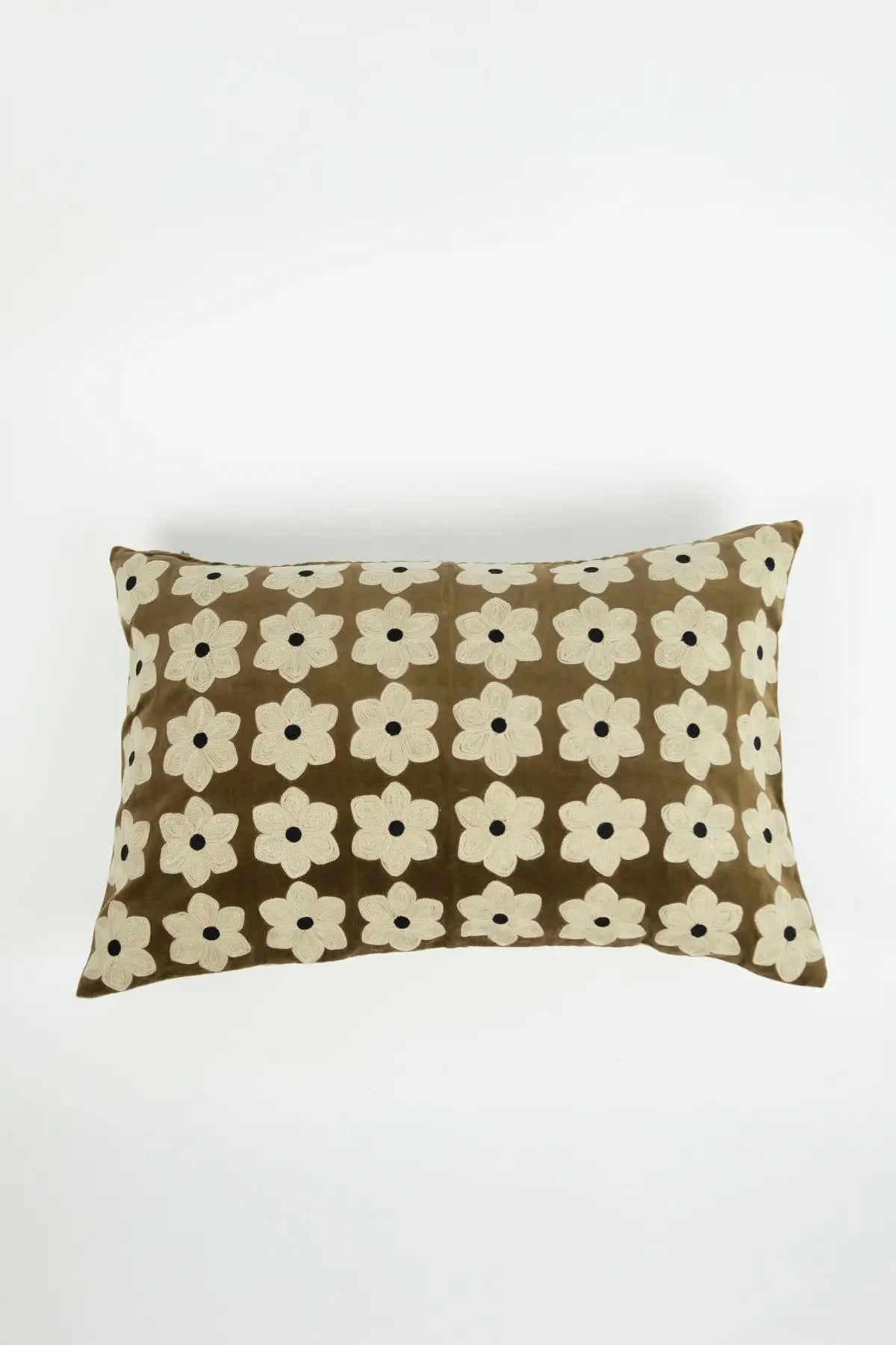 Daisy brown velvet cushion with embroidered cream flowers by Olsson & Jensen, front view