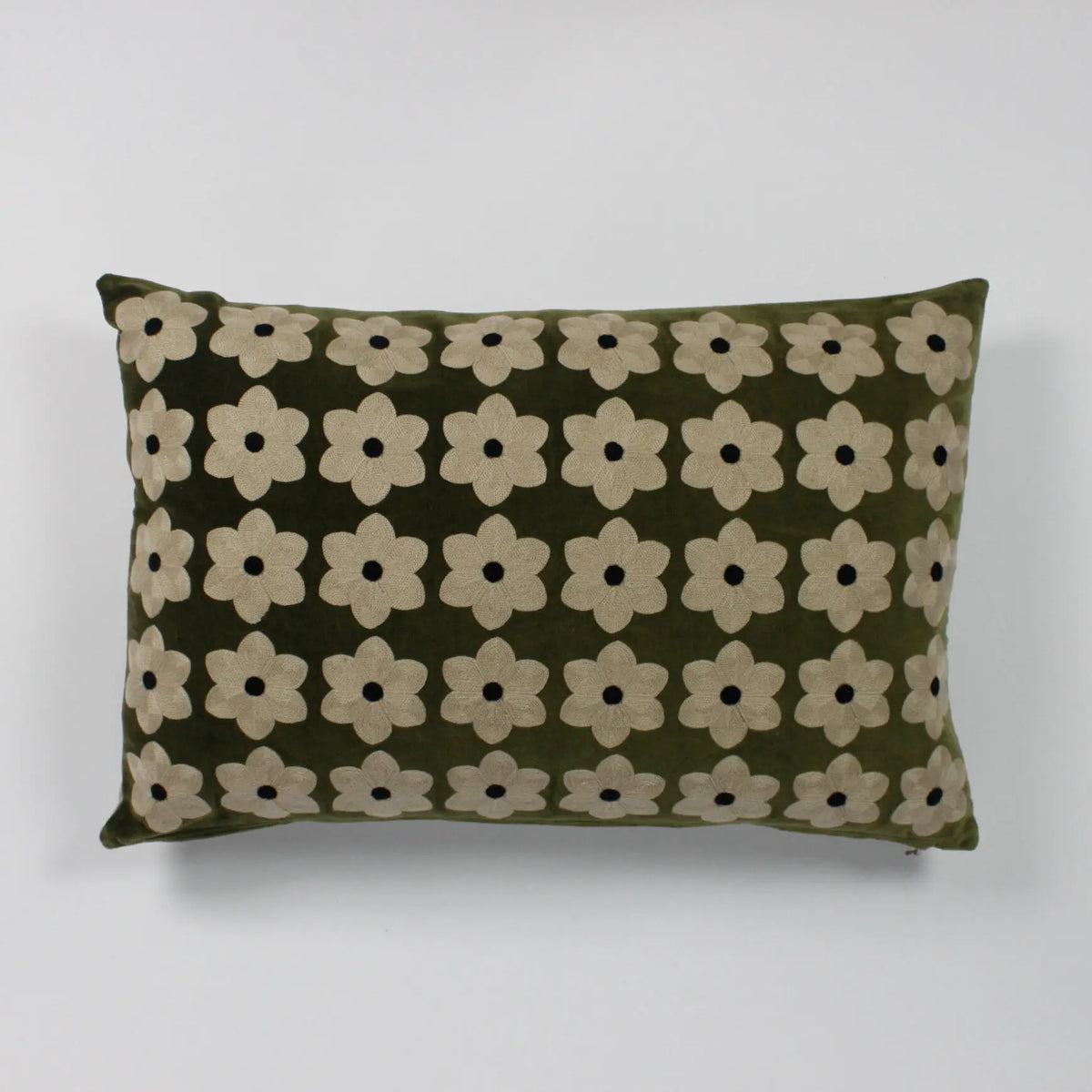Daisy moss green velvet cushion with embroidered cream flowers by Olsson & Jensen, front view