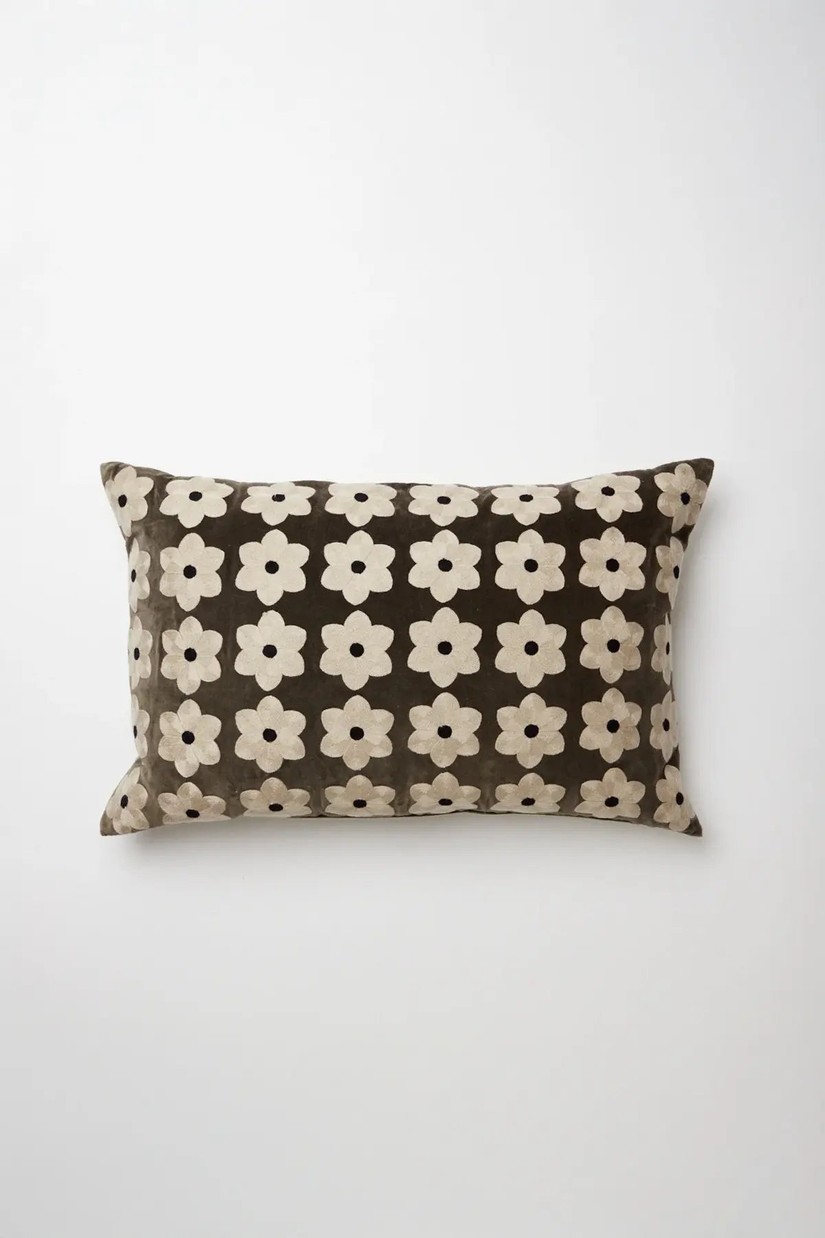 Daisy taupe velvet cushion with embroidered cream flowers by Olsson & Jensen, front view