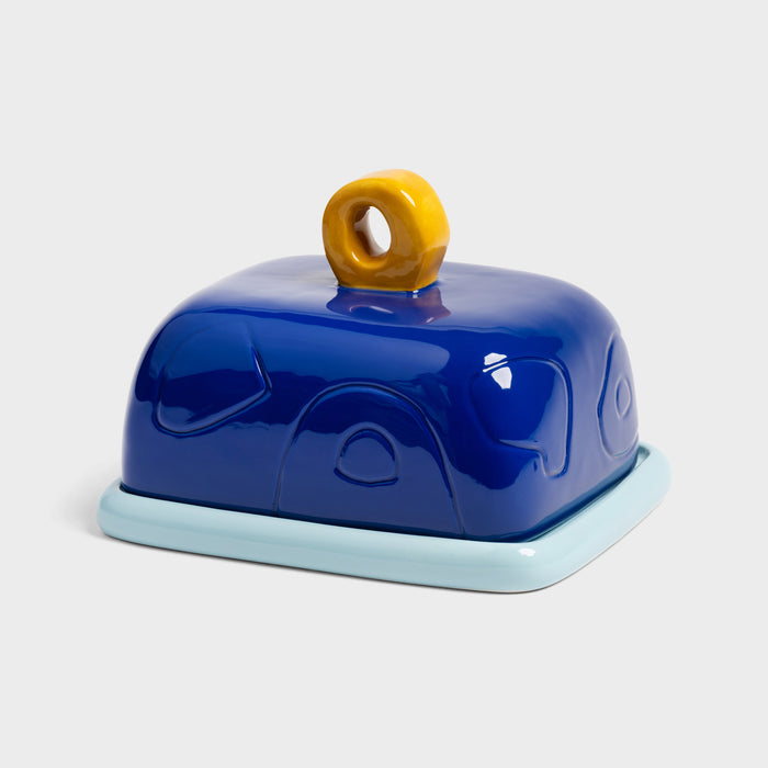 Design-led butter keeper in rich blue with contrasting base, perfect for brightening modern kitchens.