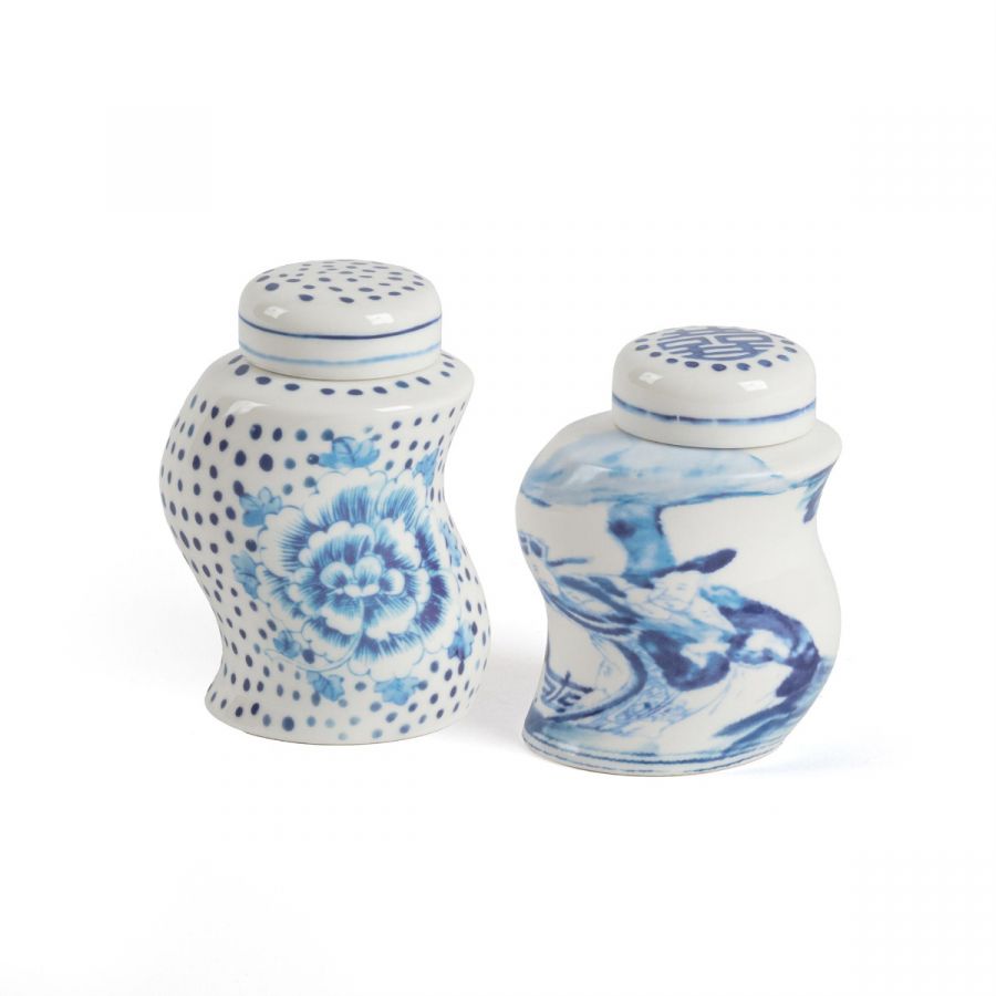 Classics on Acid DOTS & GINGER spice shakers by Seletti Diesel Living, blue and white wavy porcelain set

