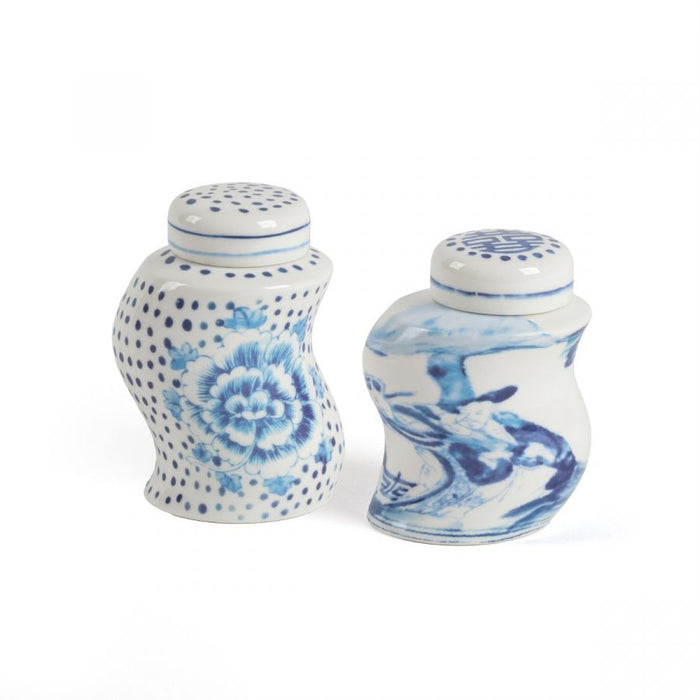 Classics on Acid DOTS & GINGER spice shakers by Seletti Diesel Living, blue and white wavy porcelain set
