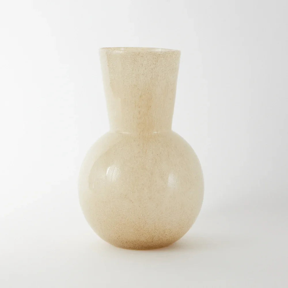 Dune speckled sand glass vase by Olsson & Jensen with a rounded body and flared neck, on a white background