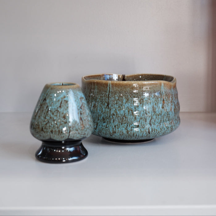 handmade eco blue ceramic matcha bowl with textured glaze
