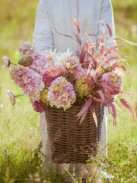 Red artificial eucalyptus in bouquet with hydrangeas and other stems