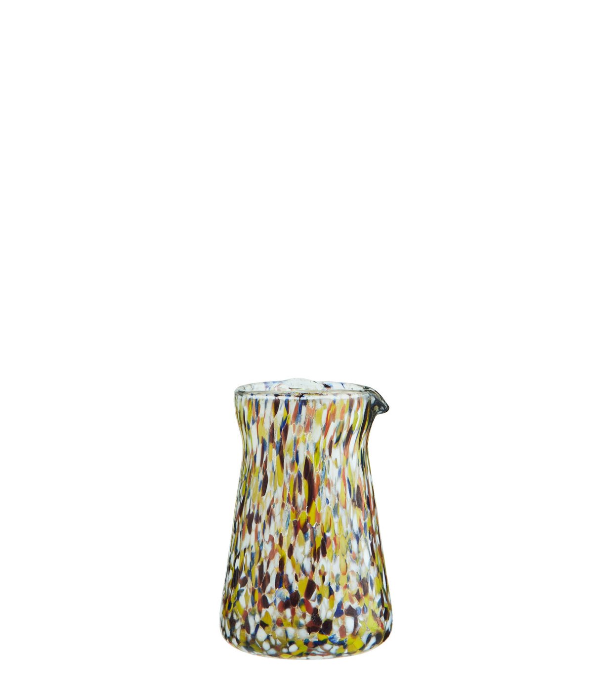 handmade glass milk jug with orange yellow and grey speckled pattern
