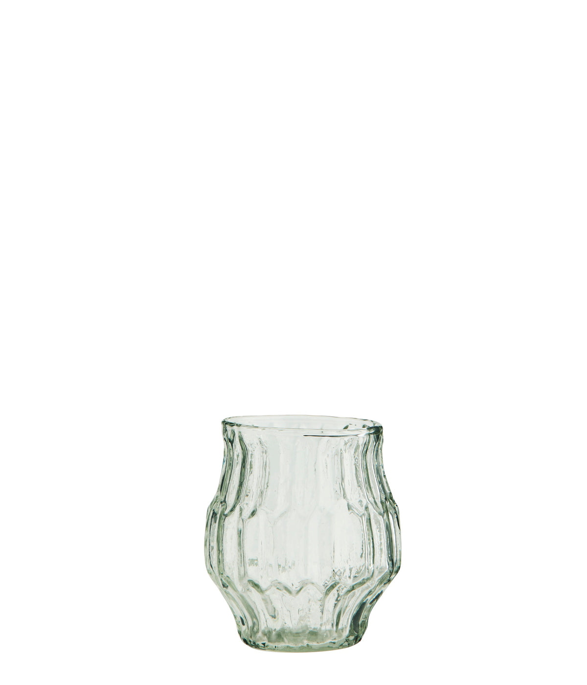 clear ribbed drinking glass with organic curved silhouette
