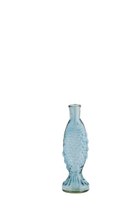 small blue glass fish vase showing detailed textured surface
