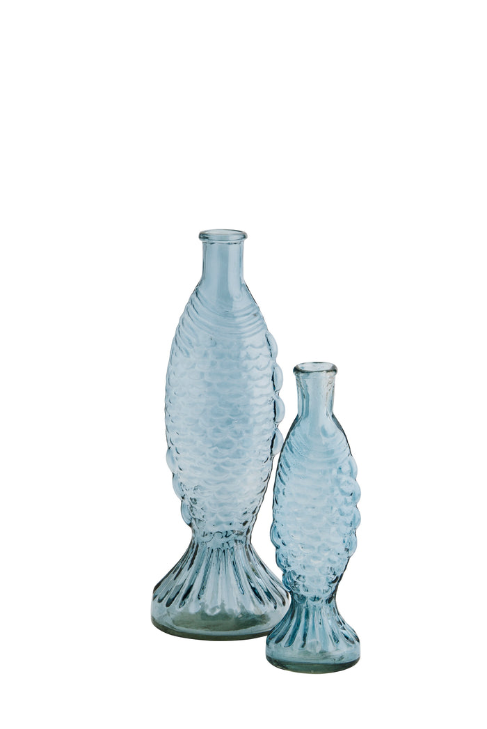 blue fish glass vase with textured scales and sculptural shape
