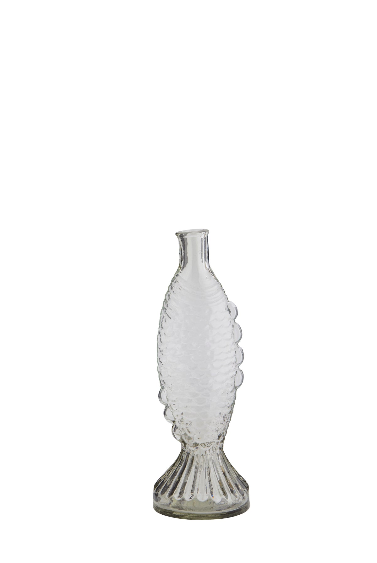 clear glass fish vase with textured detailing and fluted base