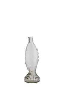 clear glass fish vase with textured detailing and fluted base