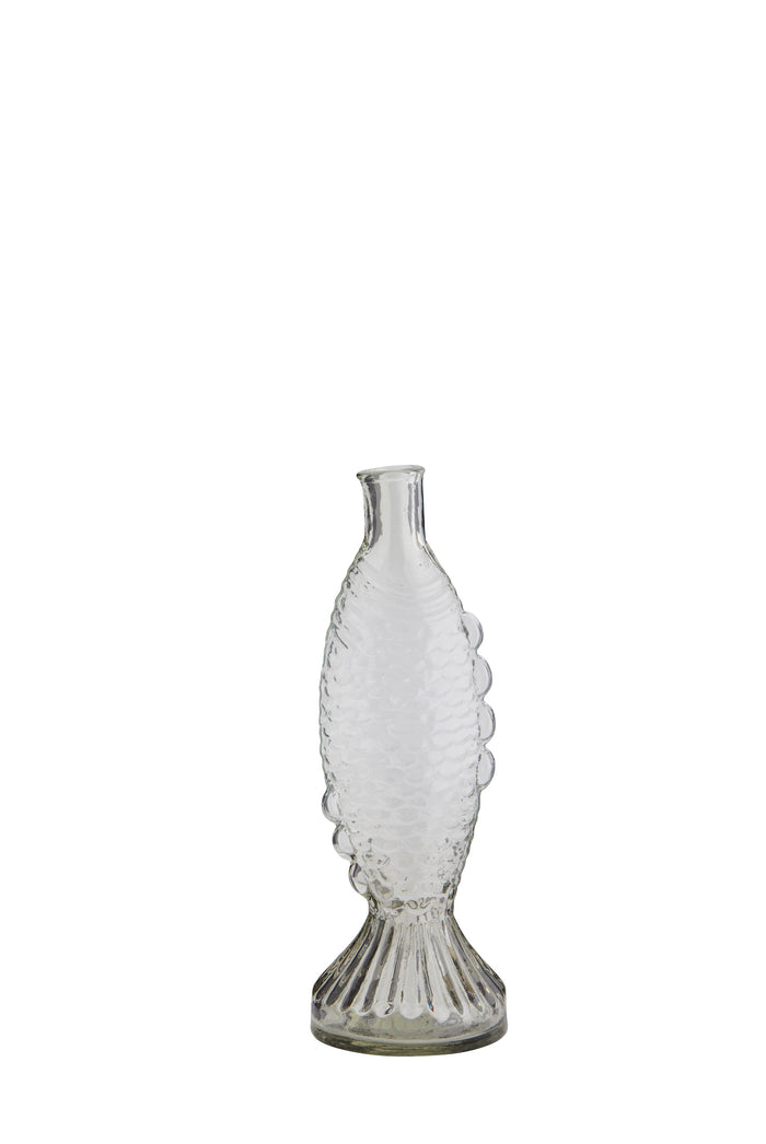 clear glass fish vase with textured detailing and fluted base