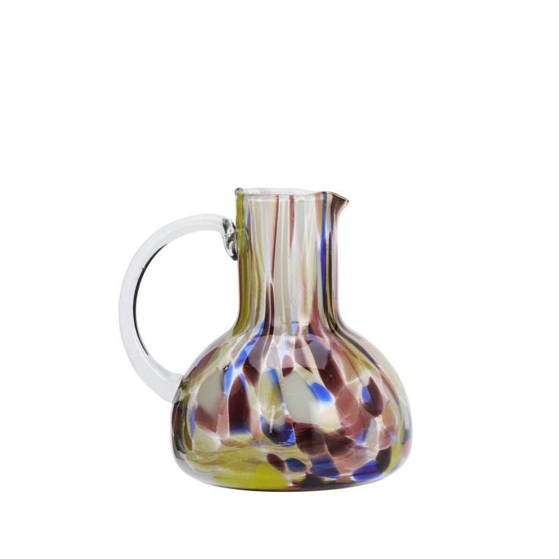 handmade coloured glass jug with multicolour pattern and handle
