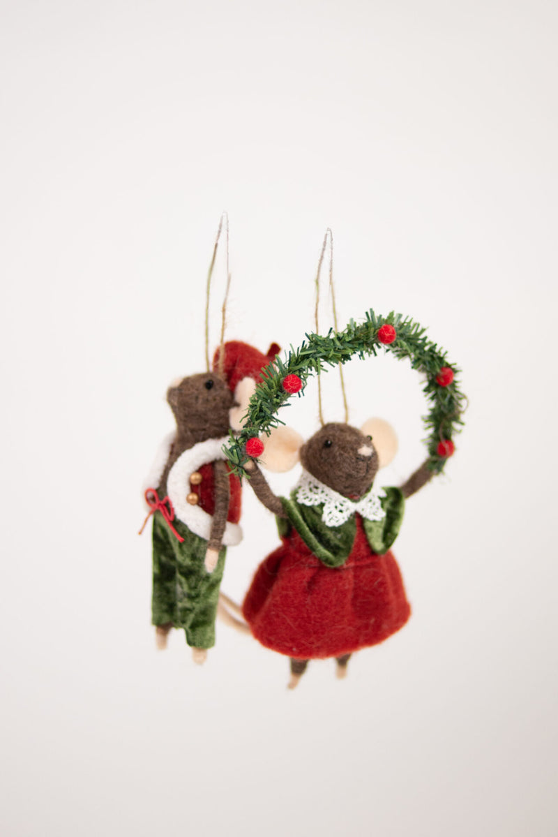 Brown felt Christmas mice with garland hoop, set of 2, by Olsson & Jensen