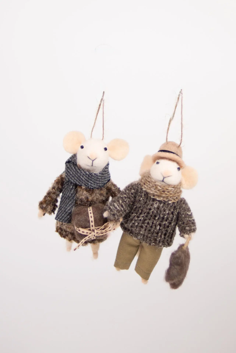 White felt Christmas mice in winter knits, set of 2, by Olsson & Jensen