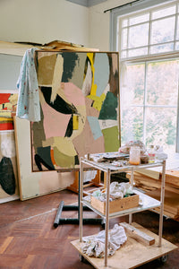 Framed HKLIVING ‘Colour Cult’ canvas on easel highlighting rich texture and calm palette.
