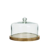 clear glass cloche with natural mango wood base for cakes and food display