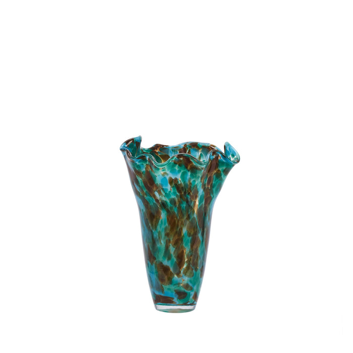 art deco style green and blue speckled glass vase with wavy rim
