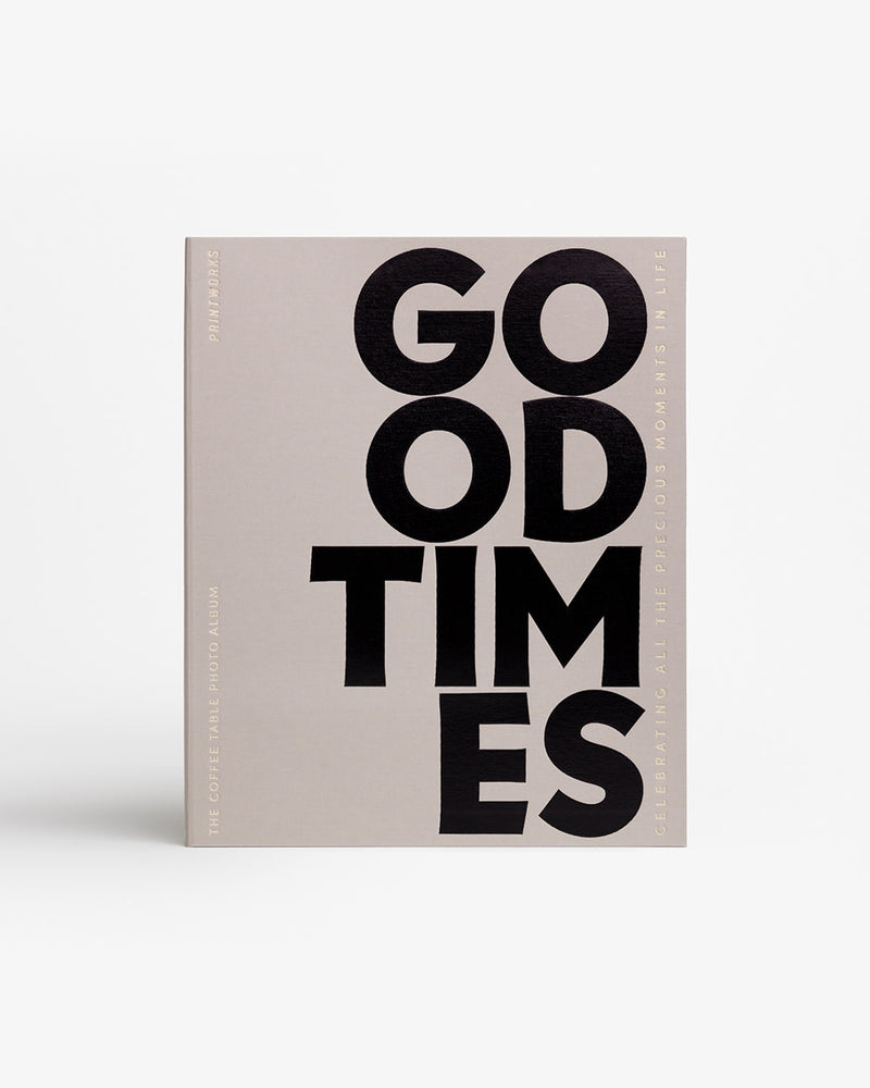 Angled view of Good Times photo album standing upright