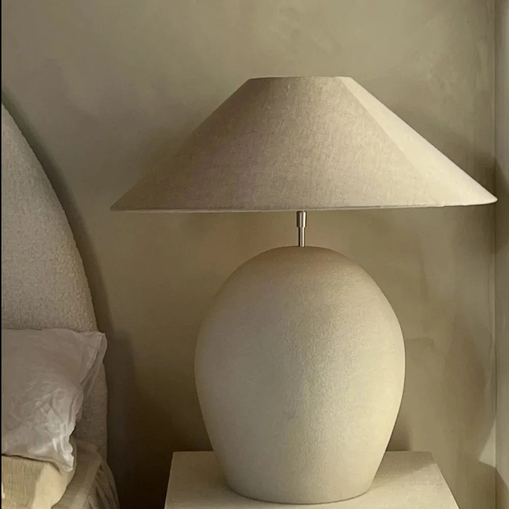 Grace large cotton shade by Olsson & Jensen on a Calais stone base in a calm bedroom