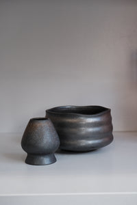 handmade graphite ceramic matcha bowl with finger grooves and dark glaze