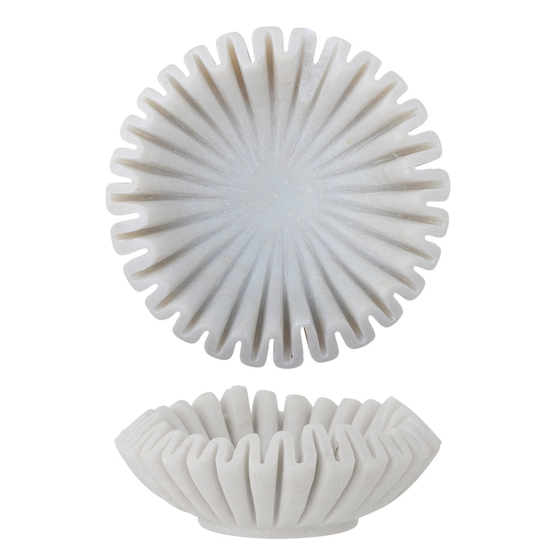 Hand-carved white marble bowl with sculptural rippled edges by Bloomingville